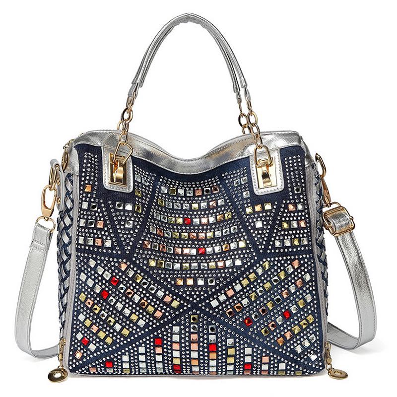 Women's 2024 Denim Canvas Rhinestone Shoulder & Crossbody Tote Handbag