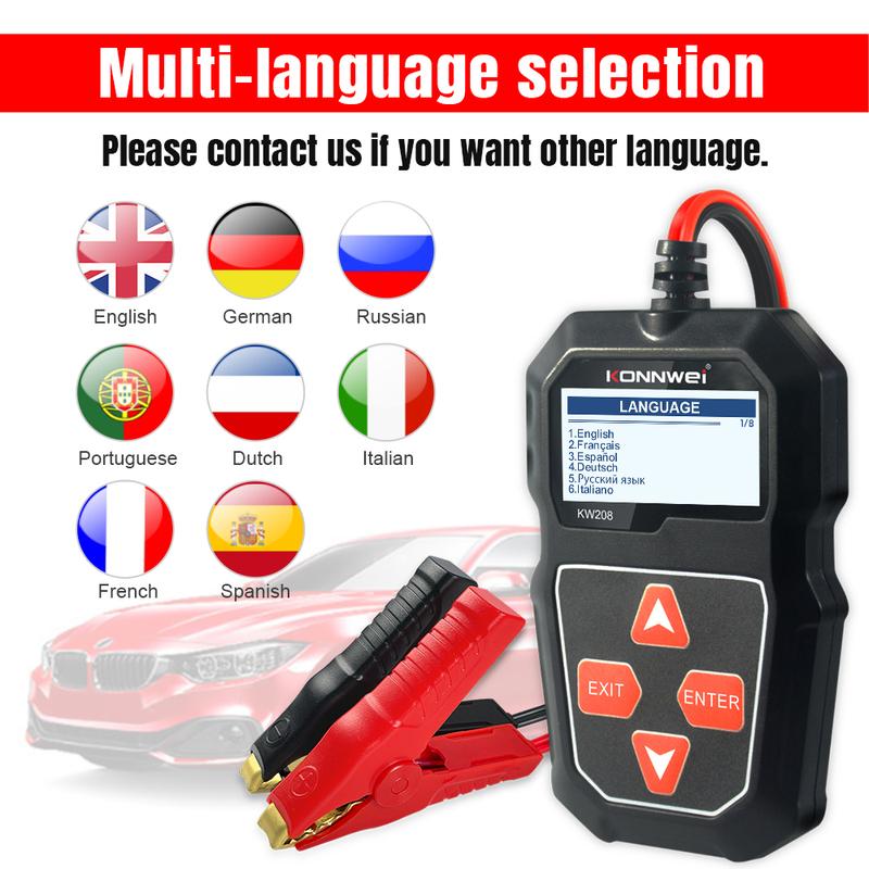 KONNWEI KW208 Battery Tester 12V Automotive Battery Charger Inspection Tools 100 to 2000CCA Cranking Charging Circut Analyzer