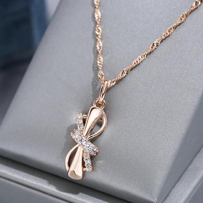 Micro Inlay Zircon Knot Design Pendant Glossy Gold Color Necklace for Women Vintage Fashion Jewelry