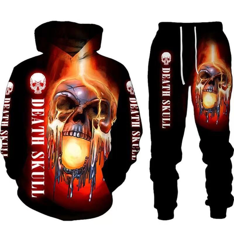 Hot Sale, Stylish 3D Skull Print Punk Sportswear, Pants Hoodie Couple Suit Street Trend