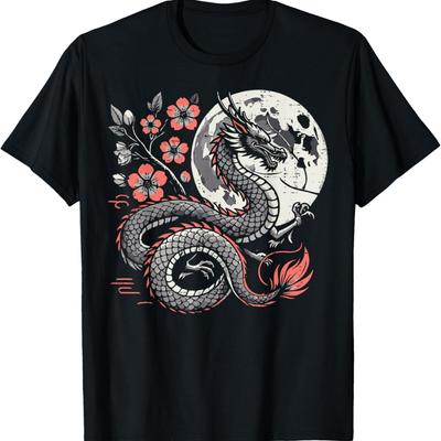 T-Shirt Δράκος Κερασιά Άνθος Σελήνη Άνθος Κερασιάς Άνδρες Γυναίκες Παιδιά