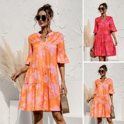 Damen Sommer Mini Kleid Puff Kurzarm V-Ausschnitt Plissee Kleid Boho Bedrucktes A-Linien Kurzes Kleid Strandurlaub Stufenweise Fließendes Sommerkleid
