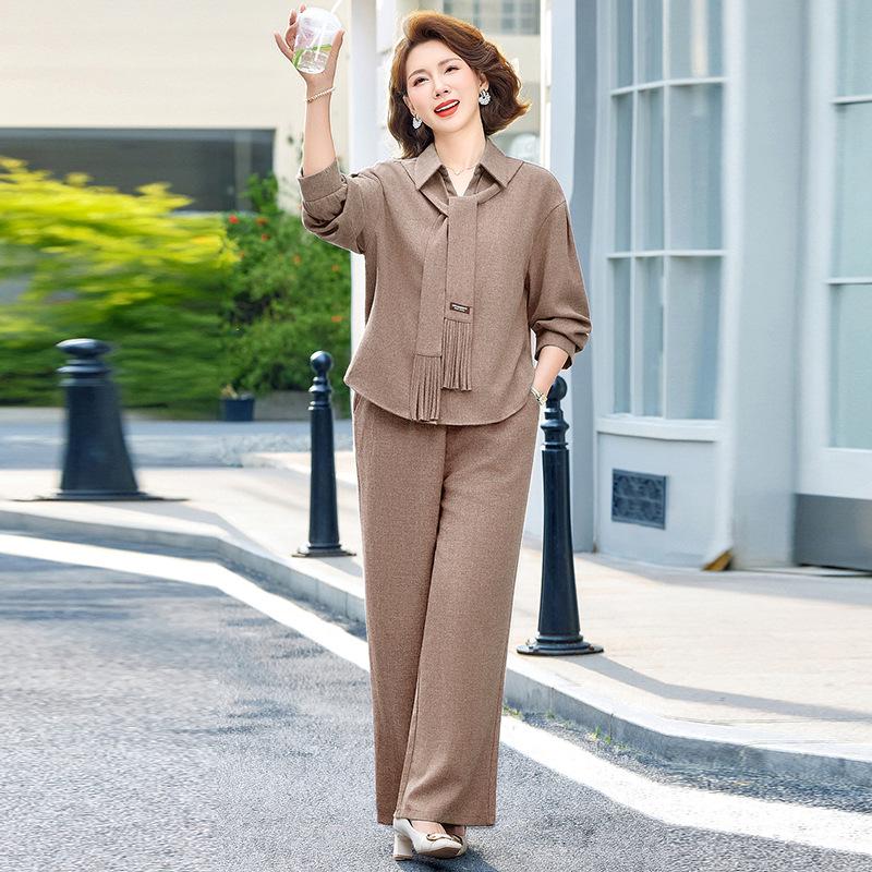 Stylish Spring/Autumn Two-Piece Set: Long-Sleeve Top & Wide-Leg Pants for Middle-Aged Women