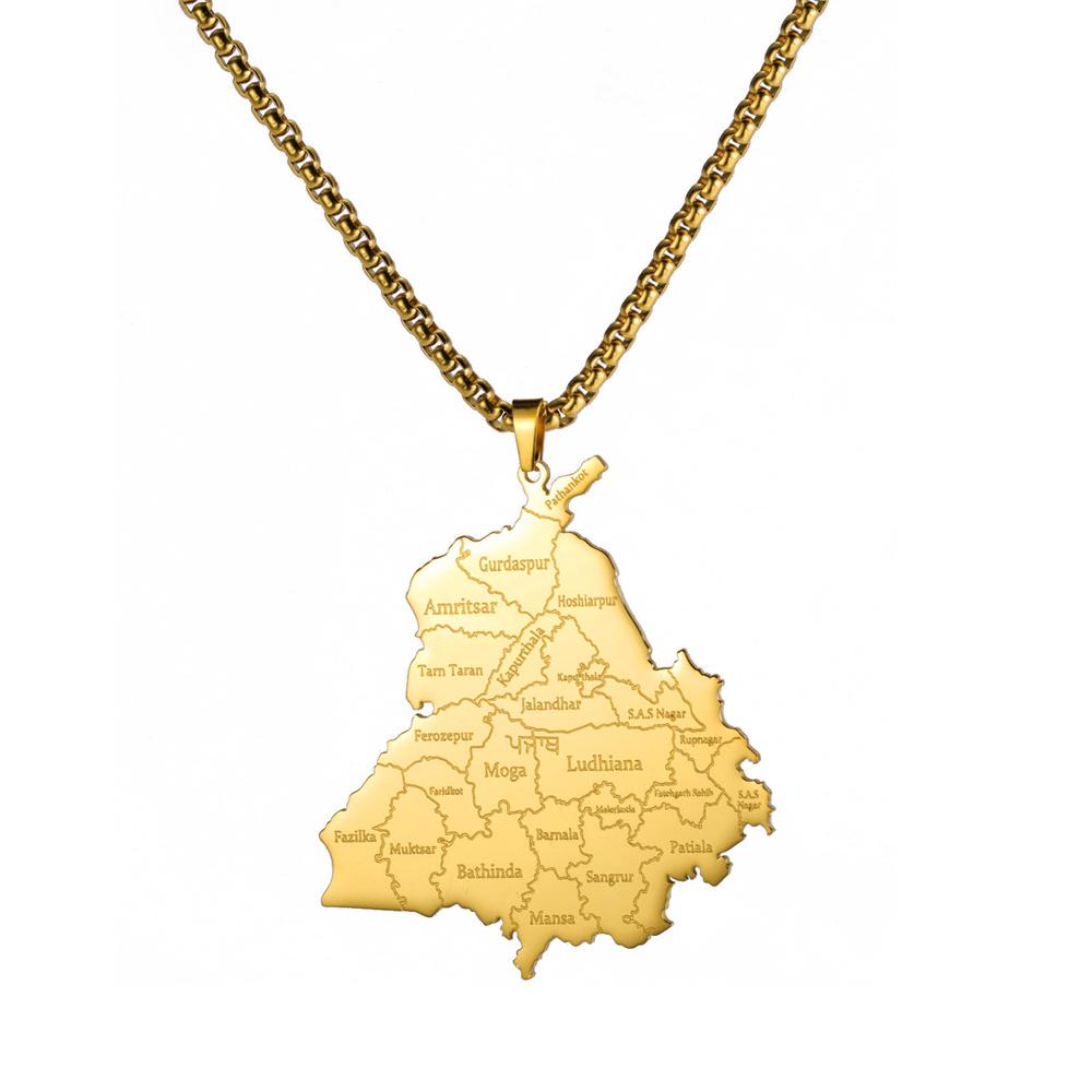  India Punjab State Map Pendant Necklace for Man Stainless Steel Box Chain Geography Country Necklaces Ethnic Jewelry
