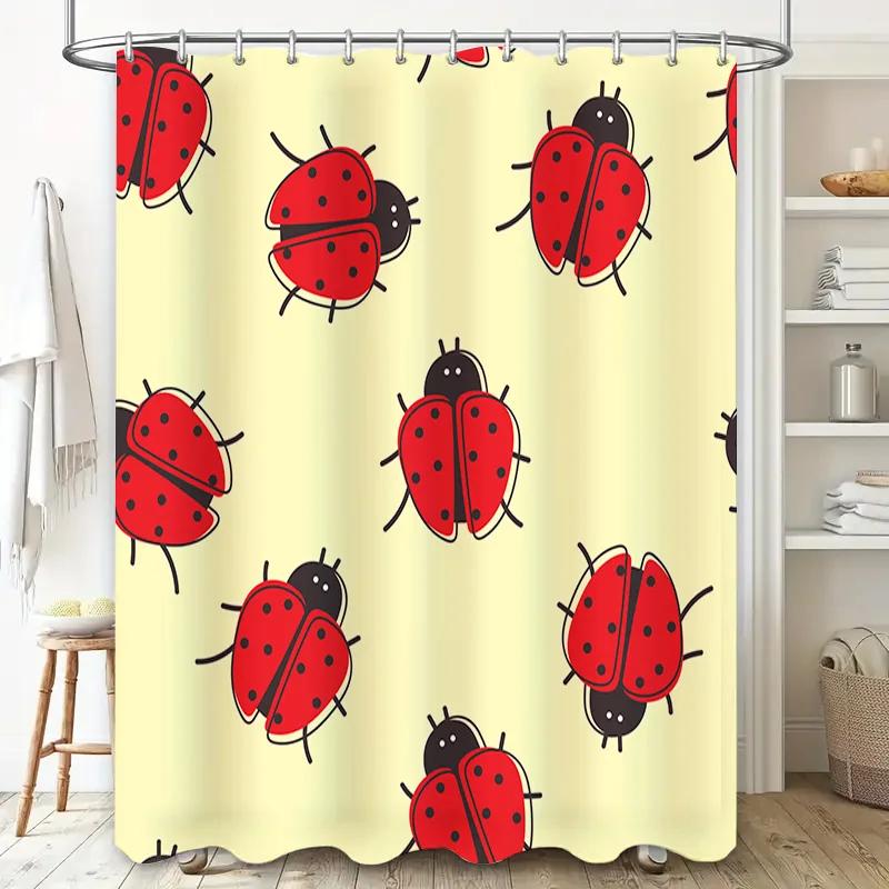 Red Ladybug Shower Curtain with Black Spots Cute Cartoon Design Home Decoration Waterproof Fabric for Bathrooms