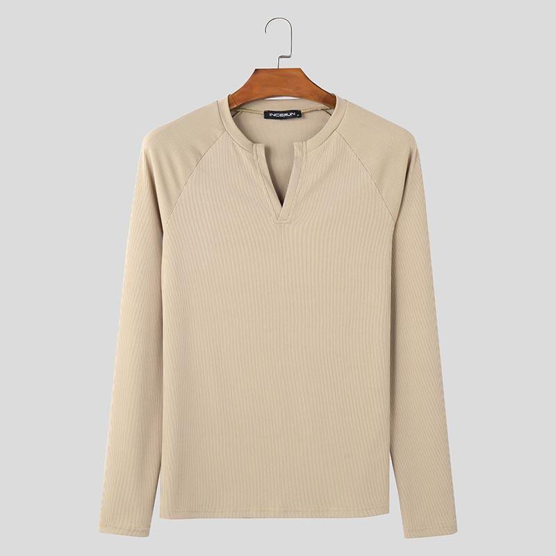 INCERUN Men V Neck Long Sleeve Rib Casual Skinny Tops T-shirts Undershirts