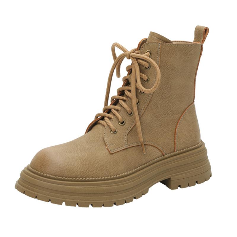 Soft cowhide~ Leather lace-up Martin boots for women's new low-top British style sweet and cool locomotive thick-soled heightening short boots