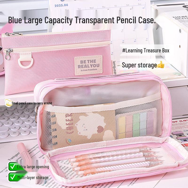 Large Capacity Blue Transparent Ita Pencil Case - Stylish and Functional for Students