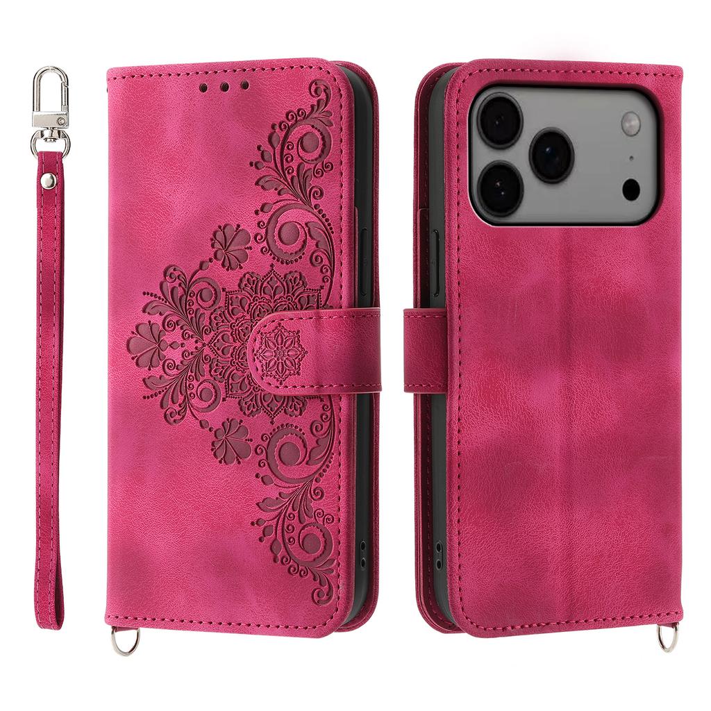 For iPhone 17 Pro Max Case Flower Pattern PU Leather Wallet Phone Cover with Strap