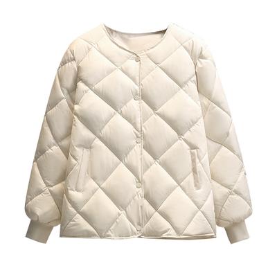 Women's Short Cotton Jacket, Diamond Patterned Down, Collarless, Winter Coat, Slim Fit Long Sleeved Pocket Details