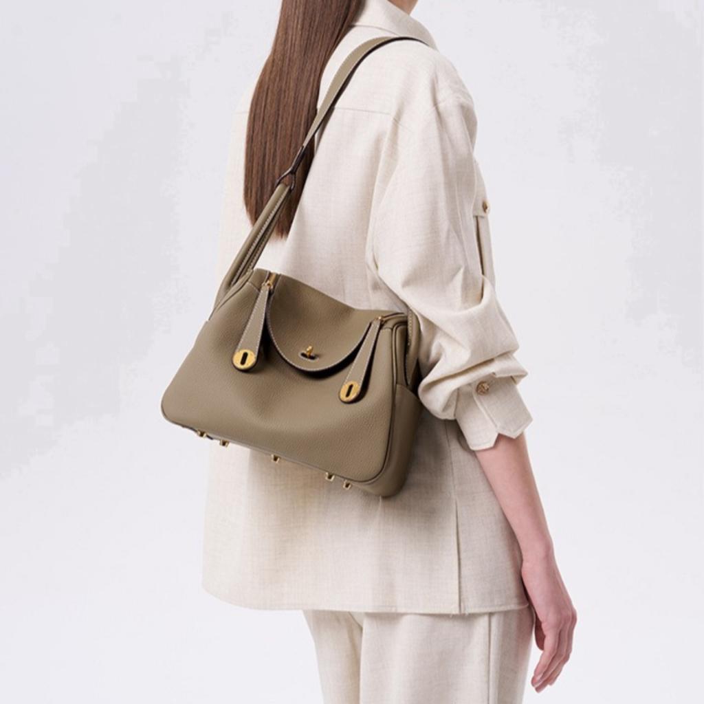 Women Lindy Style Handbag, Retro Rotating Lock Crossbody Shoulder Bag, Multi Pocket Portable Top Handle Purse, Casual Daily Work Travel Leather Bag