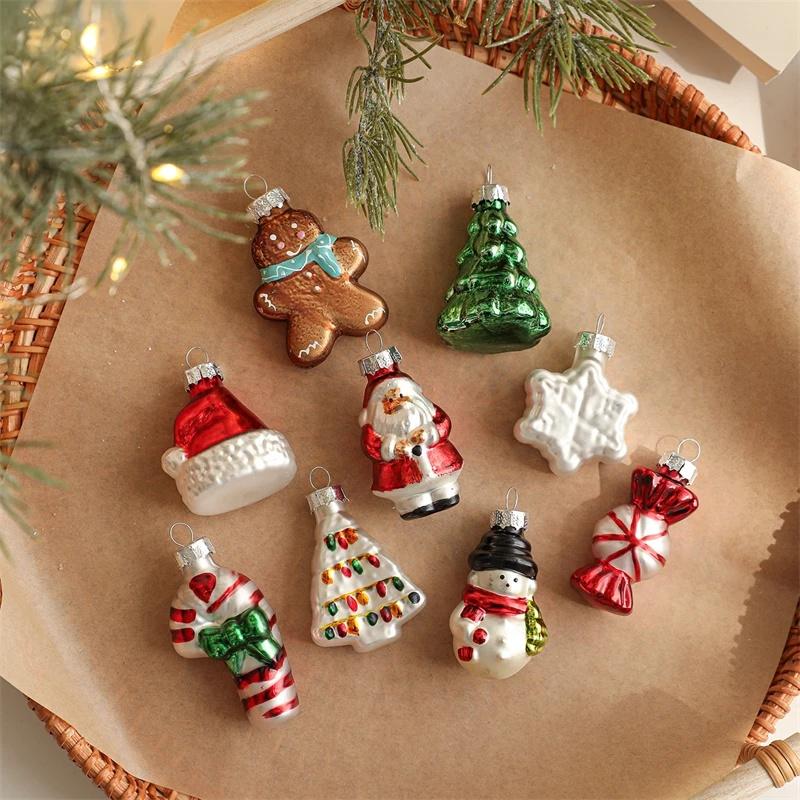 Christmas Glass Mini Hanging Ornaments Shaped Cartoon Santa Snowman Snowflake Mold Small Tree Decor For Kids Women Holiday Gift