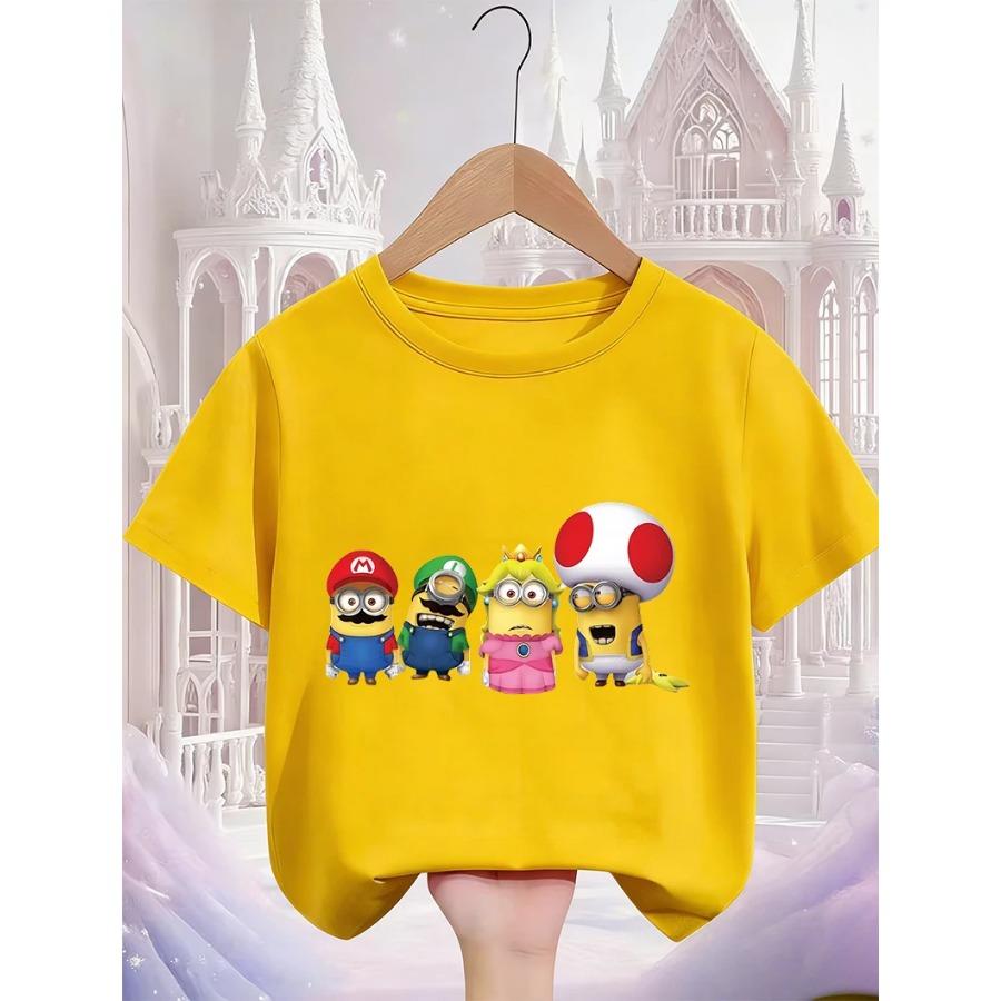 Boys and Girls Cute Minions T-shirt Summer Crew Neck Fashionable Street Popular Cartoon Casual