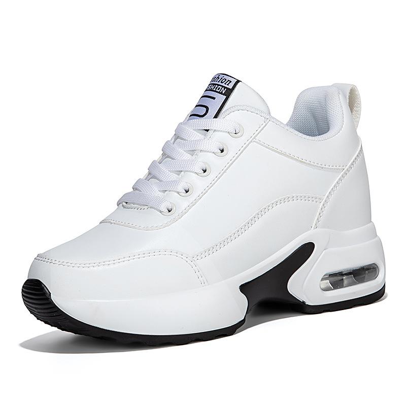 2026 Spring increase height and show feet Small thick-soled versatile casual women's shoes Leather surface soft-soled running sports shoes