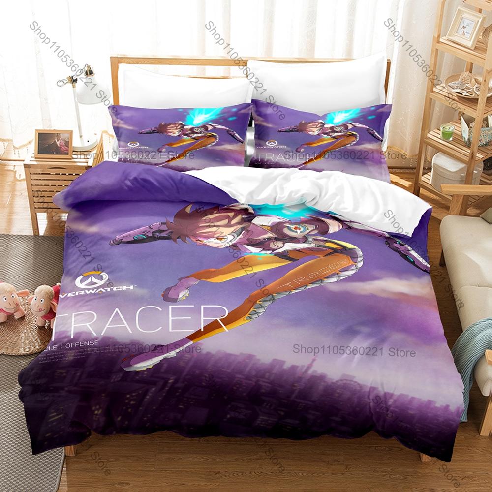 Overwatch Duvet Cover + 2 Pillowcases, Popular Game Print Bedding Set Soft Fabric for Gamers Bedroom Decor & Gift
