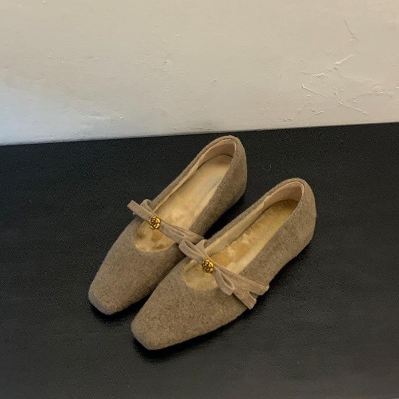 Inner heightening square head Mary Jane shoes women s winter plush bow fluffy single shoes 40 хаки