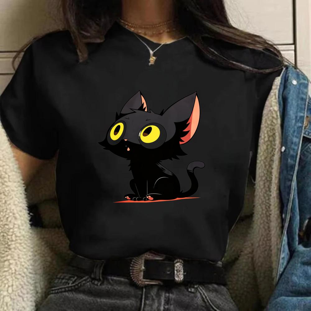 Womens Tshirt Summer Casual Crew Neck Short Sleeve Cute Cat Print Top Loose Half Sleeve Fashion Trend Clothing Womens Tshirt