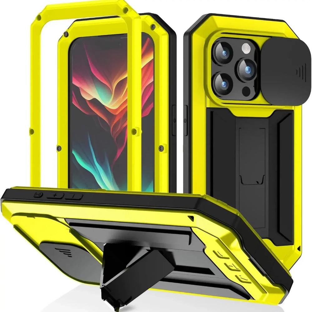 

Heavy Duty Armor Rugged Metal Case for IPhone 17e 16e 16 15 Plus 14 13 Pro Max Military Shockproof Cover Screen Camera Protect For iPhone 16Pro Max&Case & Camera Protector жовтий
