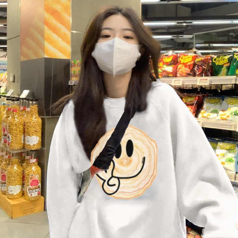 Ladies Smiling Face Printed Loose Sweatshirt Women's O-neck Long Sleeve Oversize Pullover Hoodie for Autumn Winter