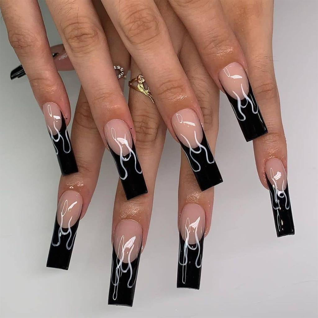 24 Stuks Herbruikbare Zelfklevende Nepnagels French Lang Ballet Roze Roos Contrast Lijn Press On Nagels