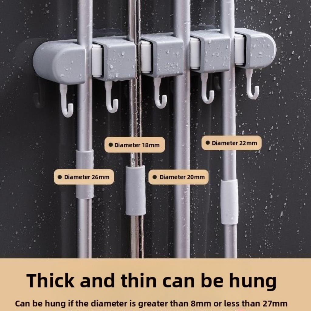 Wall Mounted Mop and Broom Rack | Bathroom Non Drilling Adhesive Storage Box | Heavy Plastic with Flexible Silicone Clip | Home Cleaning Tools