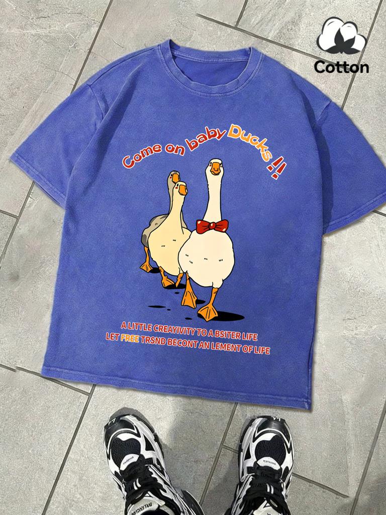 Come On Baby Duck Design Washed Mens TShirt Summer Casual Retro Cotton Top Snow Wash Tees Unisex Loose ONeck Streetwear