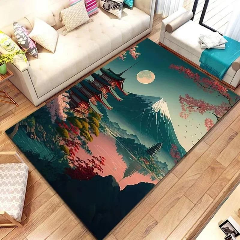 Japanese Landscape Print Rug with Cherry Blossom & Fuji Mountain for Bedroom and Sofa Entryway Decor