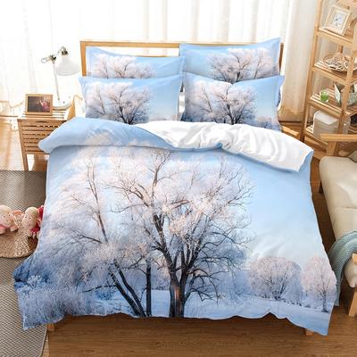 Bettbezug-Set mit Baummotiv, Schnee, Winterstil, schöne Landschaft, 3D-Druck, Polyester, Bettbezug, King-Size-Größe, Queen-Size-Größe für Kinder und Jungen