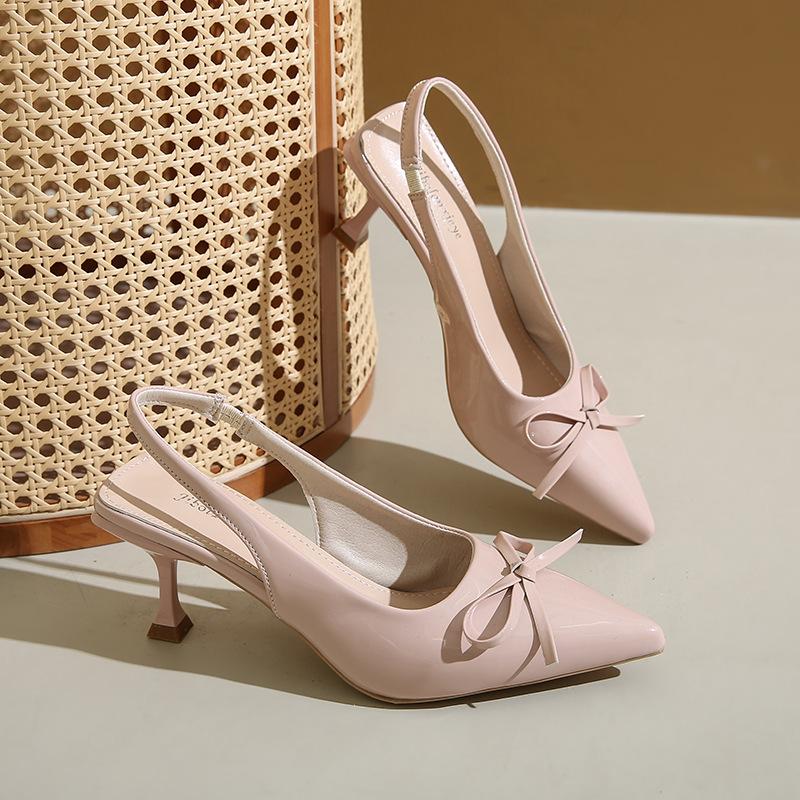Premium French temperament nude pointed bow light mouth high heel sandals women's 2025 summer new empty sandals