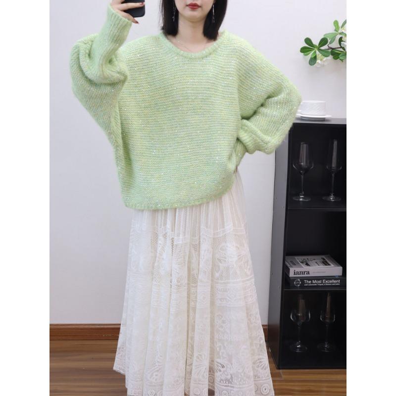 Autumn and Winter New Back Strap Bow Knitted Sweater Top Sequined Design Loose Sweater Pullover Woman