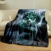 A green, serpentine dragon with glowing eyes emerges amidst misty cliffs. for all seasons blanket lunch break throw gift