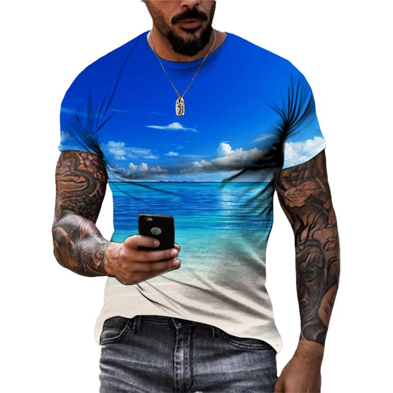 Sommersollys Havbølge Sand Casual Stil grafiske t-skjorter Mote Nye Menn Fritid Trykket Rund Hals Kortermet T-skjorter Topper