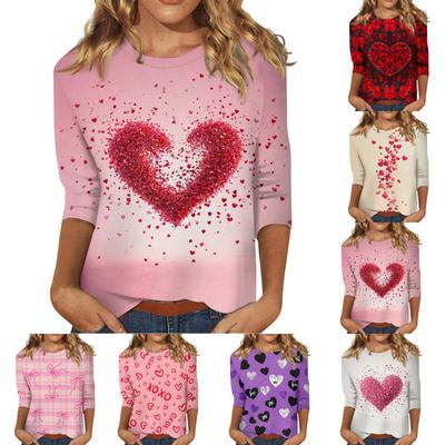 Hauts pour femmes, chemises de Saint-Valentin à manches trois-quarts, col rond, chemises amples et décontractées