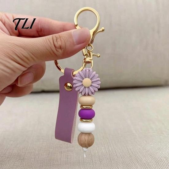 Anti Oxidation Metal Keychain Silicone Flower with Faux Leather Wristlet, Car Key Holder Ring Pendant, Handbag Backpack Charm Wood Beads Aesthetic