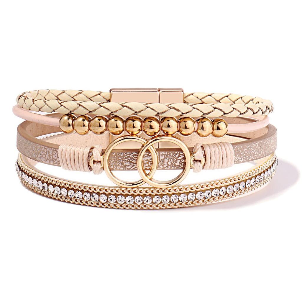 Handwoven Leather Bracelet Bracelet Double Ring Magnetic Buckle Diamond Enlaid Women's Leather Bracelet