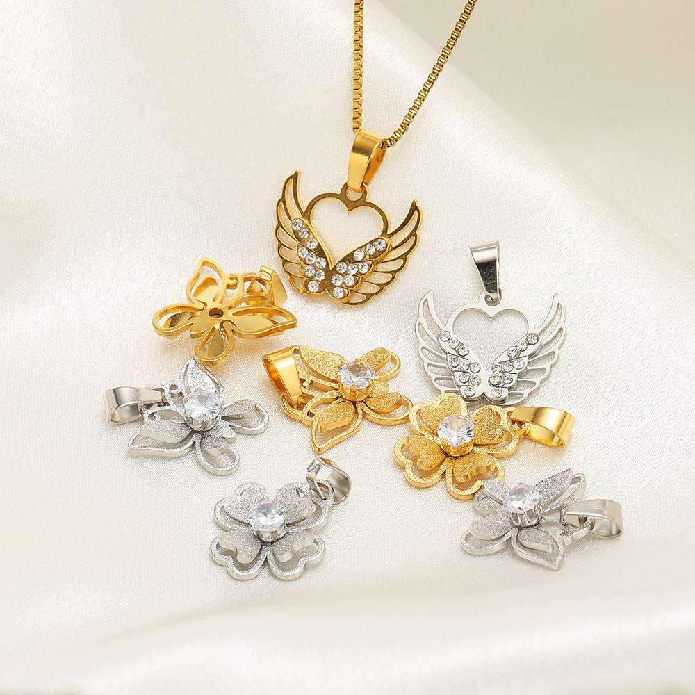 5Pcs Stainless Steel Metal Heart Flower Butterfly Cubic Zircon Charms for Necklace Bracelet DIY Jewelry Pendants Earrings Making