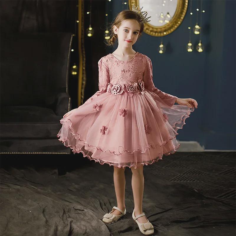 Cross-Border Long-Sleeve Flower Girl Princess Dress with Fluffy Tulle Skirt - Wedding and Performance Children's Costume