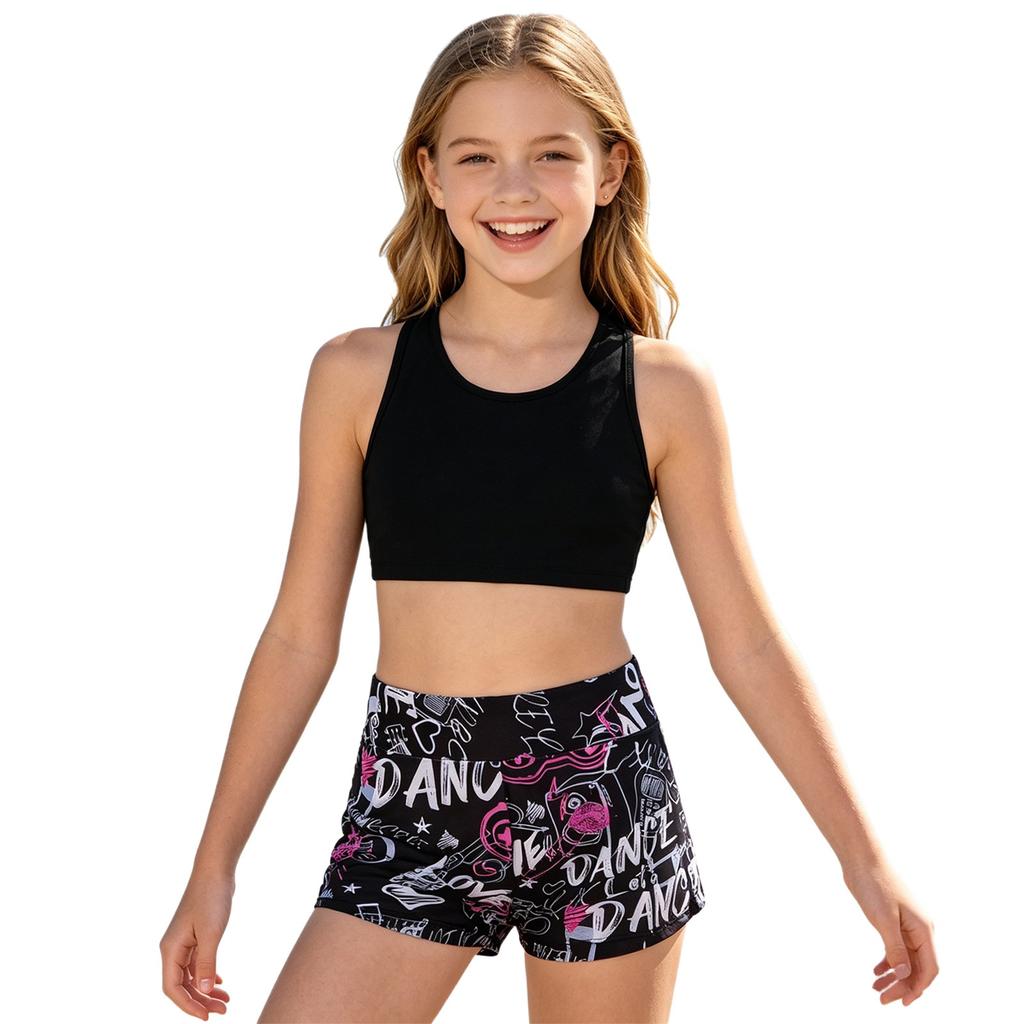 Set Sportivo per Ragazze 2 Pezzi Scollo a U Spalline Sottili Top Corto Incrociato sulla Schiena con Ampia Vita Elastica Pantaloncini con Stampa Gigli Rosa per Palestra Yoga Corsa