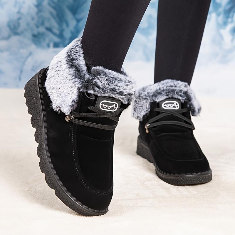 Women'S Winter Ankle Boots - Cozy Fleece-Lined Round Toe Lace-Up Boots with Thick Sole, Black & Gray Plush Design, for Cold Weather
