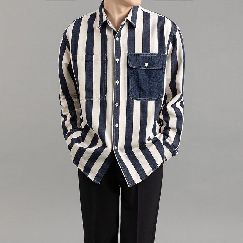 

Осенне-зимняя комбинированная свободная рубашка, мужская повседневная с длинными рукавами, лацканами, в полоску, контрастная, на пуговицах, кардиган-топ S синий