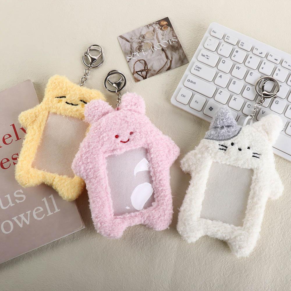 Cat Cartoon Plush Photocard Holder Korean Style Rabbit Cartoon Card Cover Card Sleeve with Keychain Pendant Bus Card Holder Girl