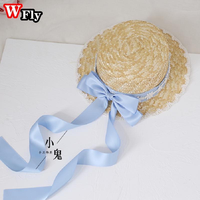 Harajuku Women Girls Summer Straw Hat Beach Sun Hat Handmade Sweet Lolita Cosplay Lace Bow Ribbon Straw Hats Decorate