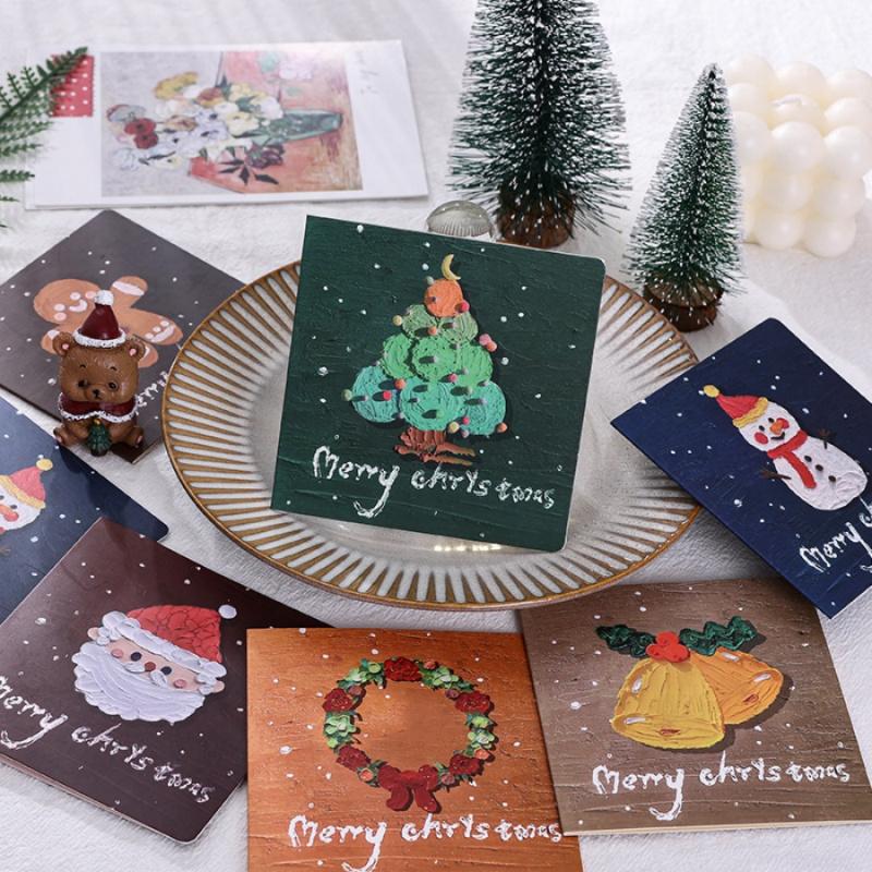 6pcs/packChristmas Greeting Card Cute Oil Painting Santa Claus Christmas Tree Snowman Gingerbread Man Card Invitation Card Holid