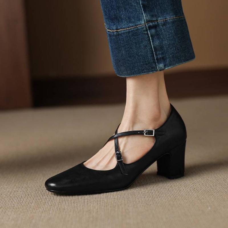 

Женские одинарные туфли из овчины на четыре сезона, однотонные, большого размера, женские туфли с низким верхом и мелким вырезом, закрывающие стопу, удобная подошва из говяжьей кожи, привет 40 чёрный