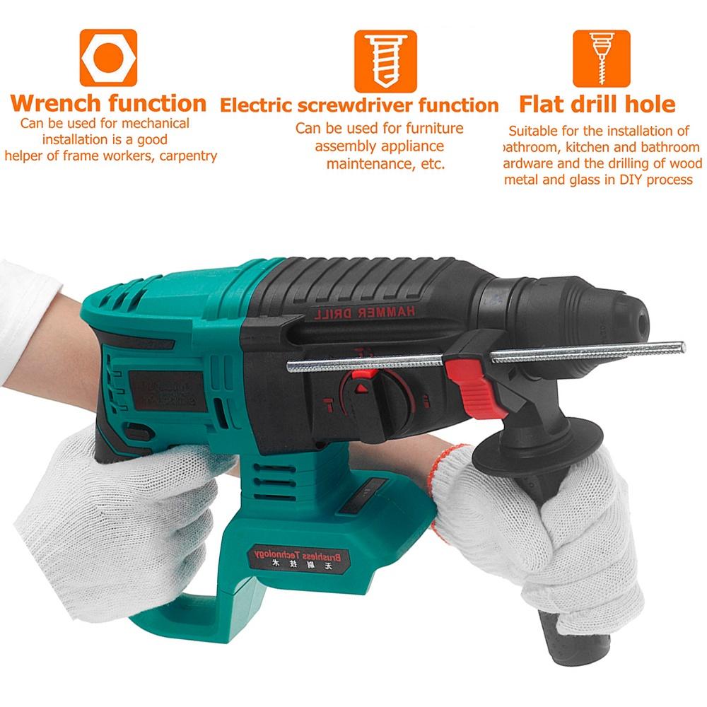Rechargeable Electric Hammer Power Drill for 18V Battery Multifunction Cordless Brushless Electric Rotary Hammer