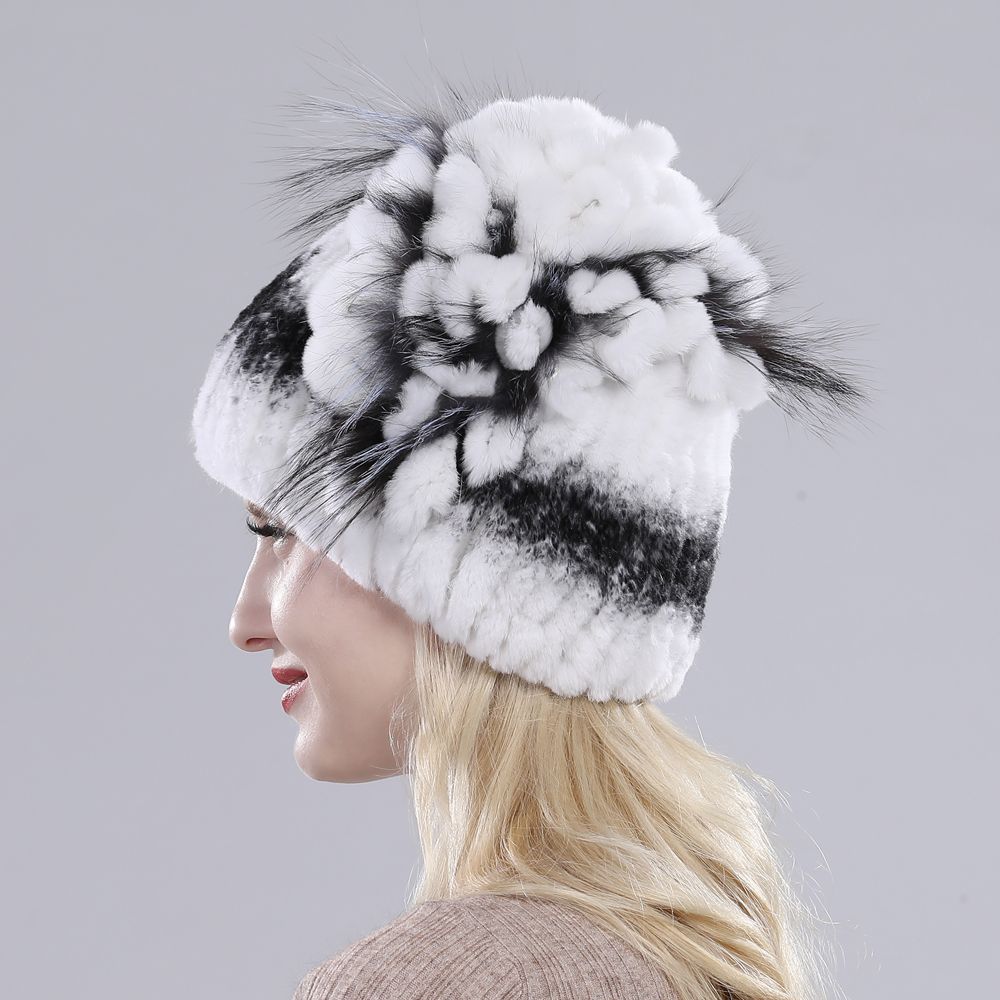 Outdoor Winter Warm Real Fur Beanies Hat Rabbit Fur Cap Knitted Real Rex Rabbit Fur Hats Elastic