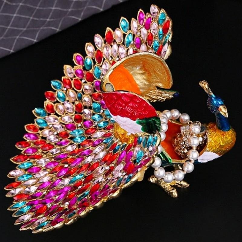 Peacock Shape Jewelry Storage Box Multicolor Inlaid Gem Organizer Exquisite Enameled Alloy Storage Jar Earrings Ring Unique Gift