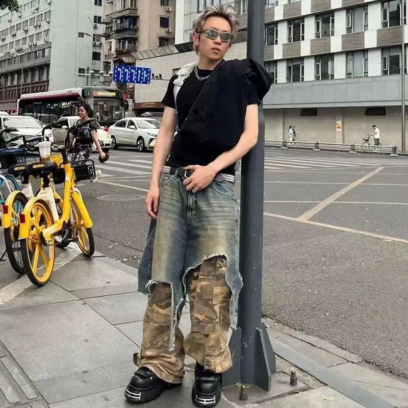 FlowStreet Men s Casual Camouflage Workwear Jeans Patchwork Faux Two-tone Worn-in Loose Fit Long Trousers M