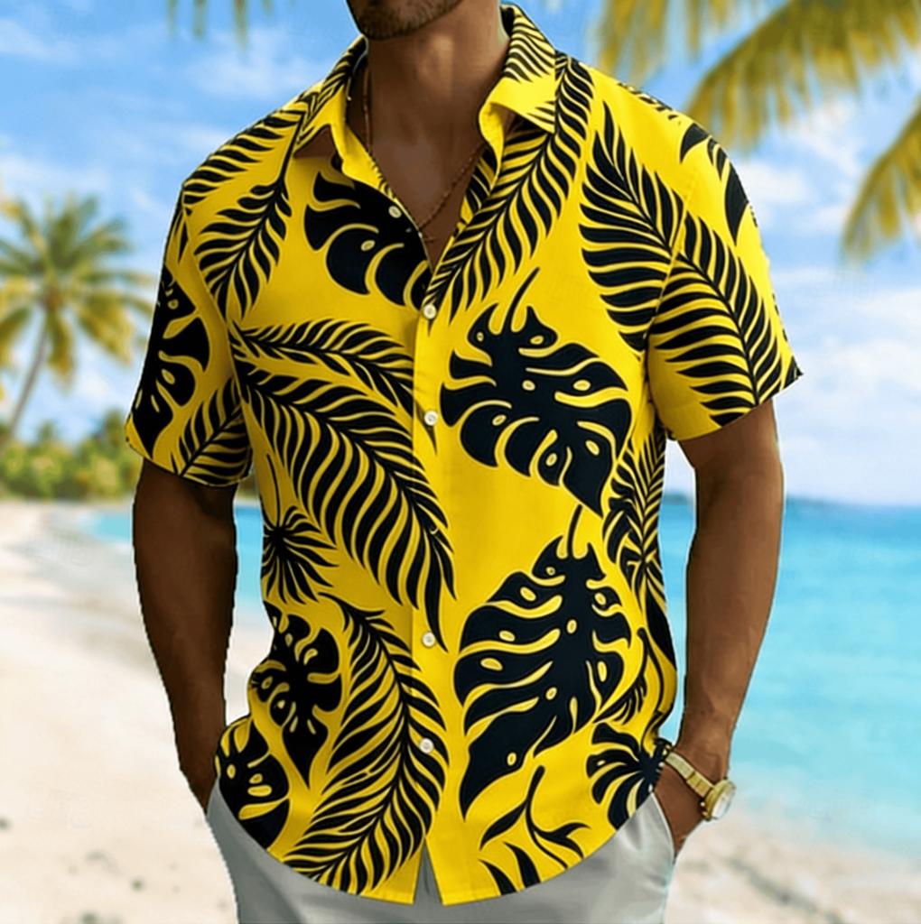 Men's Monstera & Palm Leaf Print Short Sleeve Shirt, Spring Summer Beach Vacation Casual Blouse, Turn-Down Collar Loose Top