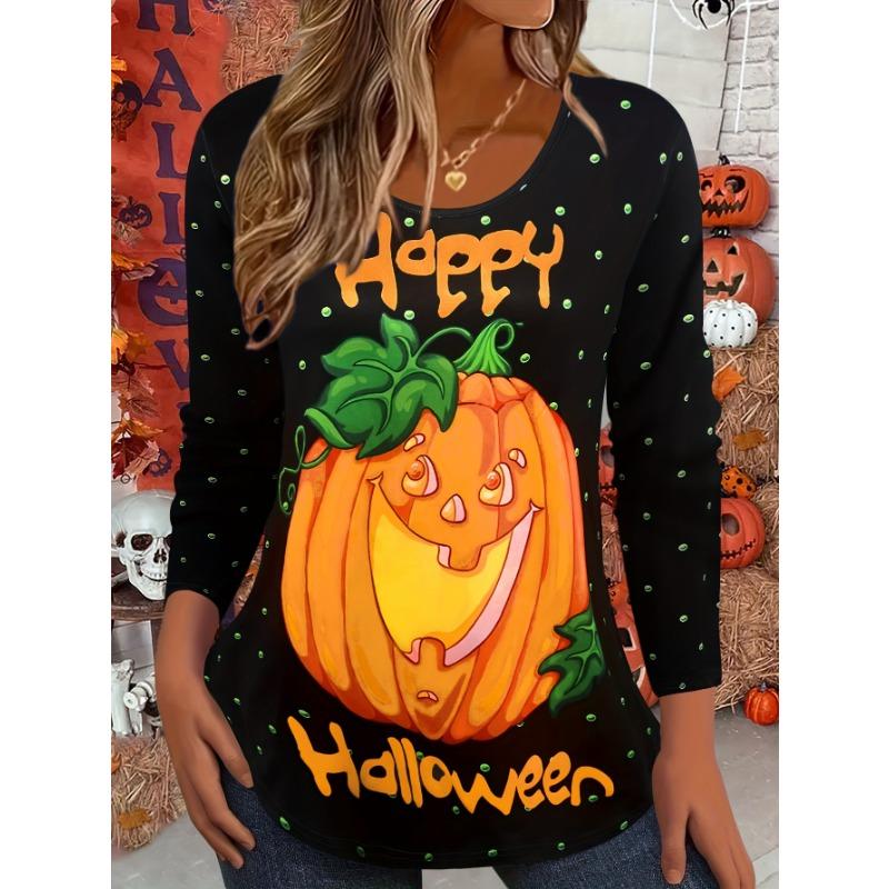 Women's Long Sleeve T-shirts Halloween Theme Black Cat Graphic Streetswear Polyester Tops Casual Pullover Women's Clothing